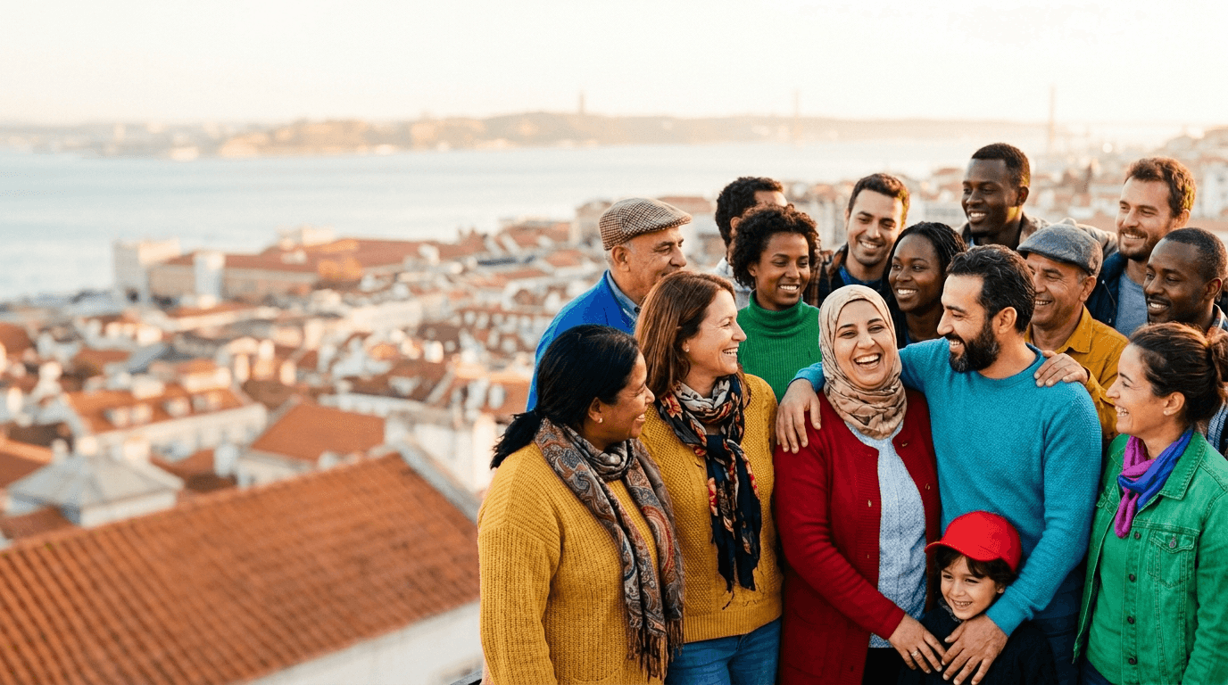 Comunidade de imigrantes apoiada pela Mundo Feliz, com Lisboa ao fundo